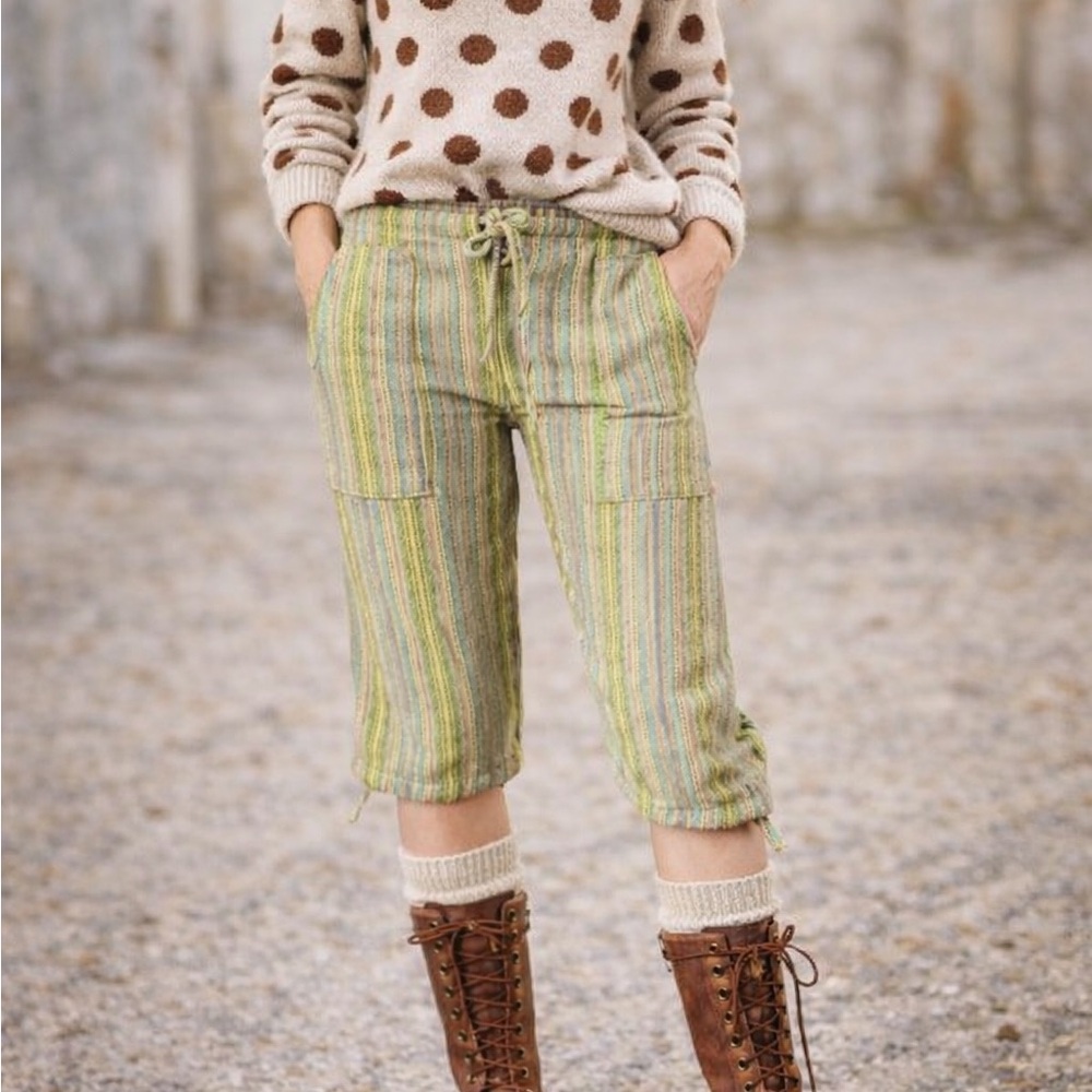 Multicolor Striped Cropped Knicker Pant Bermuda Shorts Boho Rasta Artisan